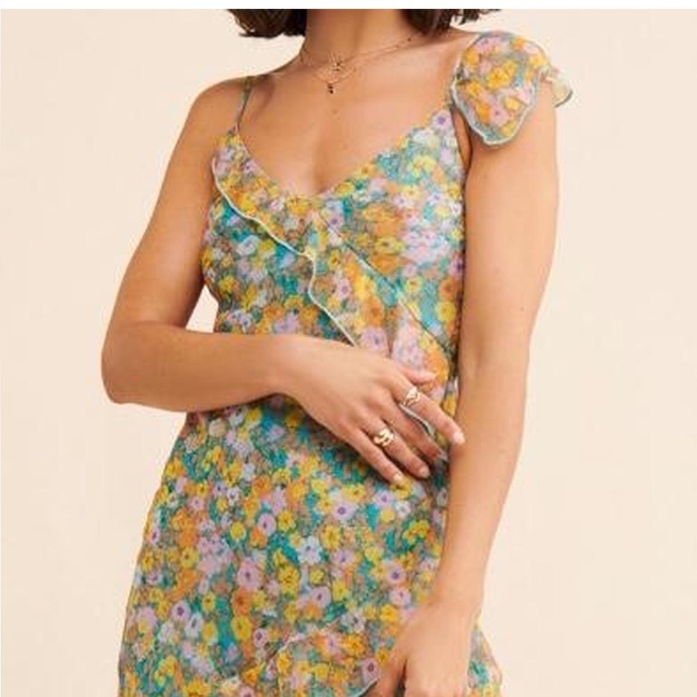 Urban Outfitters Yellow & Green Floral Ruffle Slip Dress